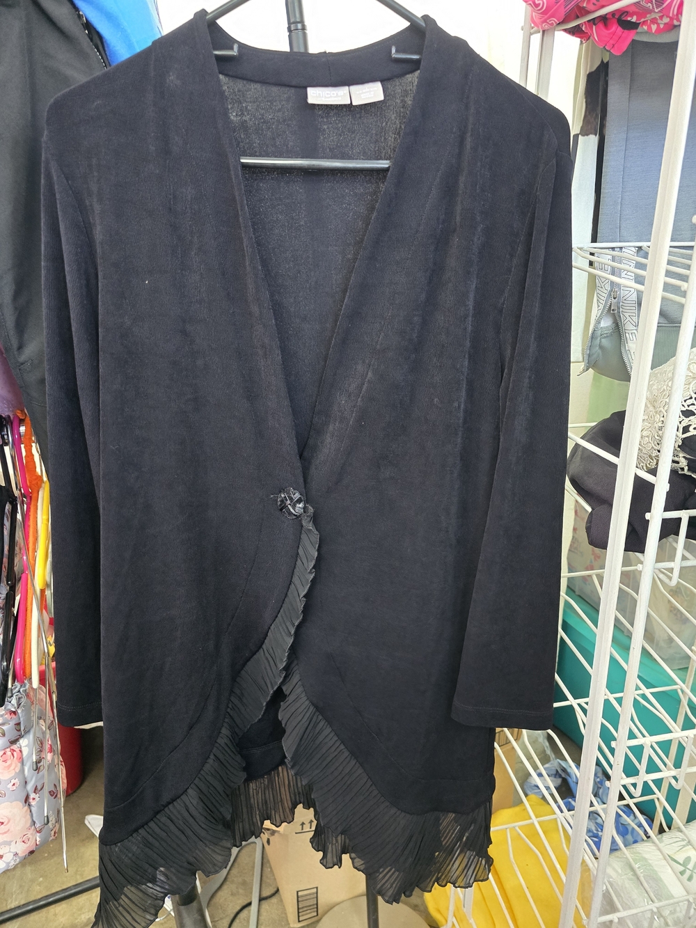 Chico's Black Open-Front Cardigan with Decorative Rosette